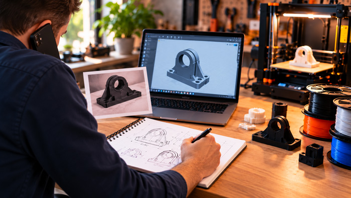 3D моделиране по скица с технически чертеж, цифров модел на компютърен екран и готов 3D принтиран пластмасов детайл.