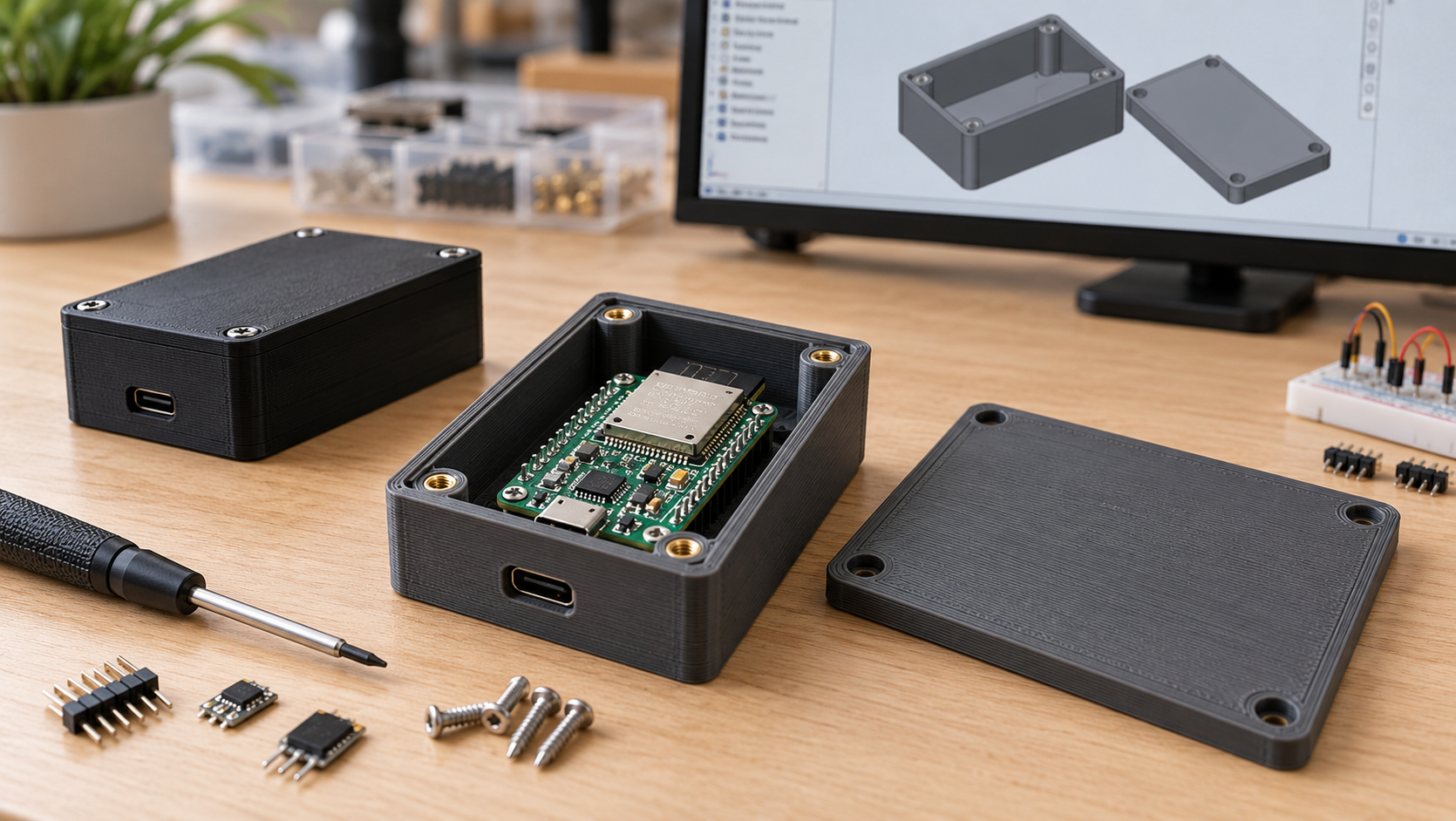 3D принтиран пластмасов корпус за електроника с платка ESP32, монтажни отвори, USB конектор и отделен капак върху работна маса за електроника.